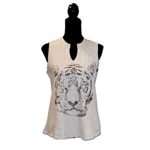 NWT Blue B Tank Top Heather Grey Tiger Graphic Keyhole Neck Sleeveless Shirt